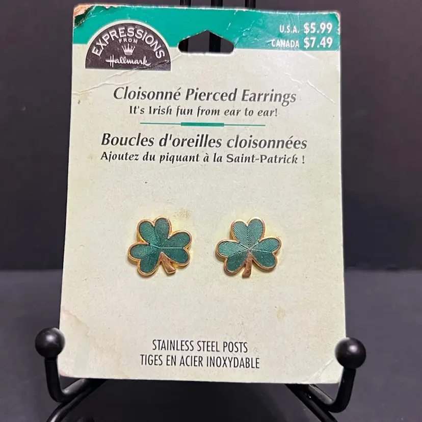 Hallmark Cloisonne Pierced Earring Shamrocks St Patrick's Day New Old Stock