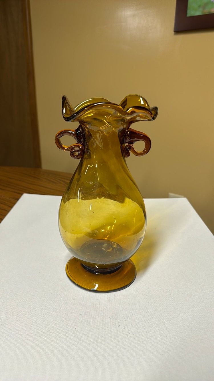 Amber brown hand blown vase 9.5” tall