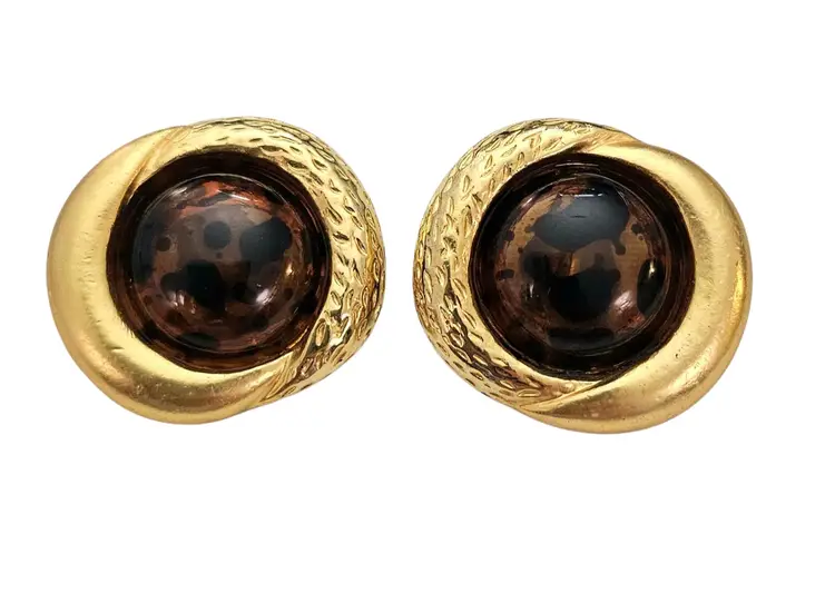 Gold Tone Vintage Domed Animal Print Center Lucite Round, Clip On Earrings