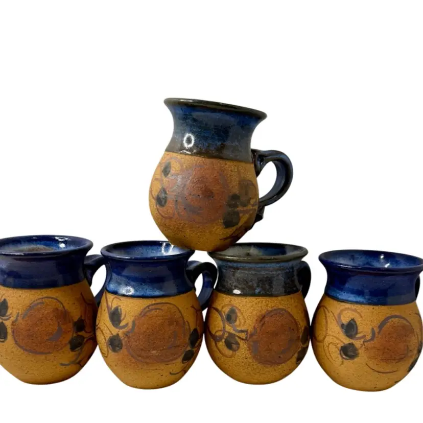 Pottery Coffee/Tea Mugs Set of Five Fruit Design Blue Accents Three Signed READ