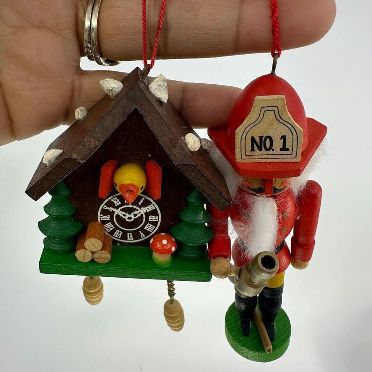 German Holzkunst Christian Ulbricht Wood Cuckoo Clock Chalet & Nutcracker Ornaments