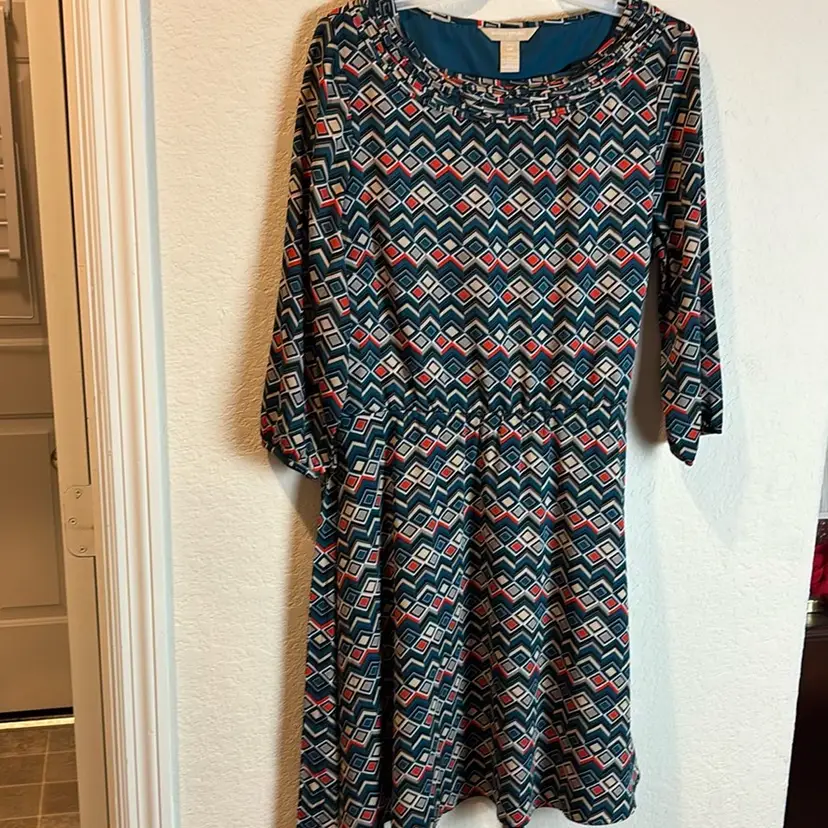 Banana Republic Size 12 Petite Medium Green Orange Black Patterned Midi Dress