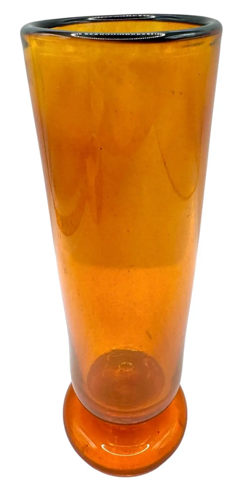 Hand Blown Studio Art Drinking Glass Wine Cup Footed Orange Black Rim 7.25”