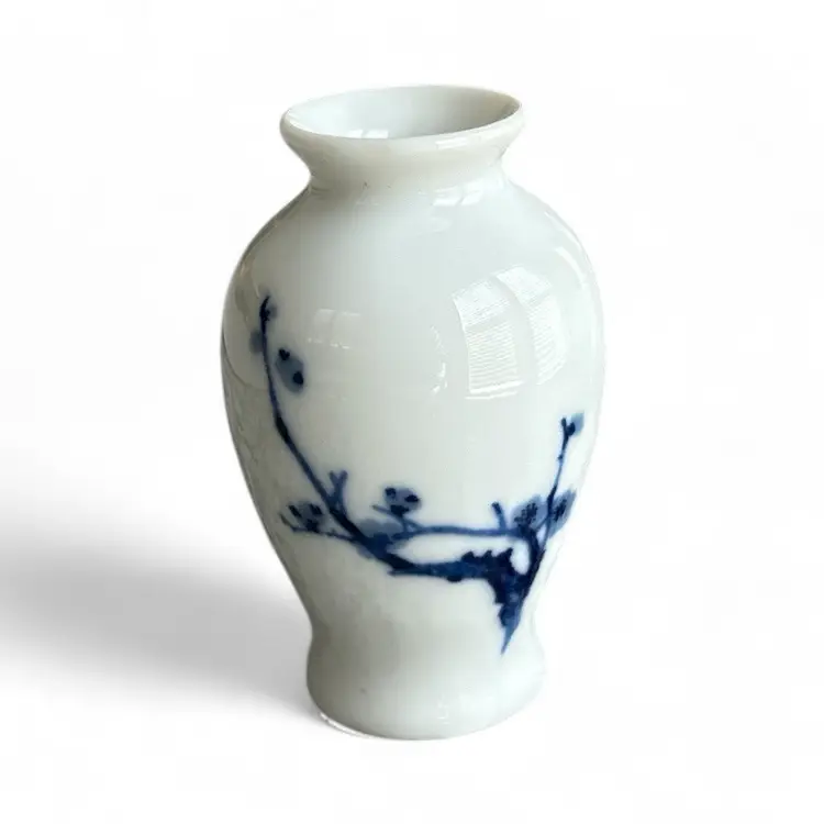 Small White Ceramic Bud Vase With Blue Flowers Design