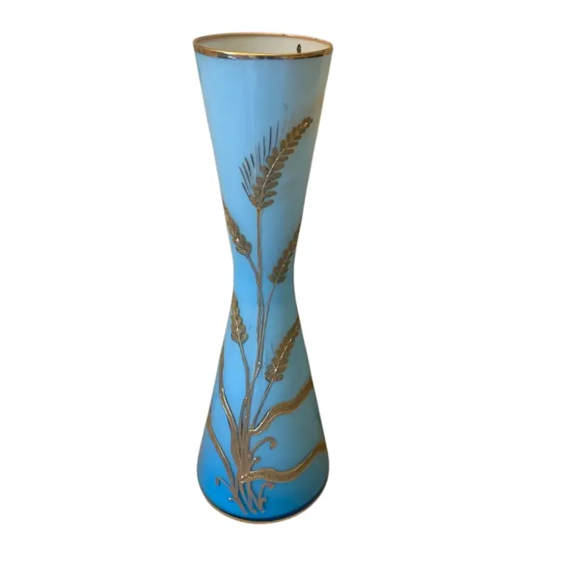 Pale Blue Vase With Gold Gilt Wheat Design 4 1/8 X 13 Inches