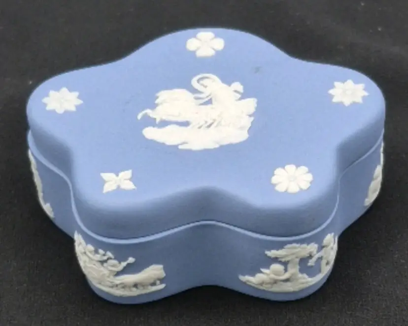 Vintage Unusually Shaped Wedgwood Jasperware Blue Trinket Box - 4 Inches Long