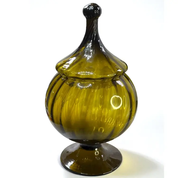 Vintage Italian Empoli Avocado Green Glass  Circus Tent Apothecary Jar 1960s - 11”