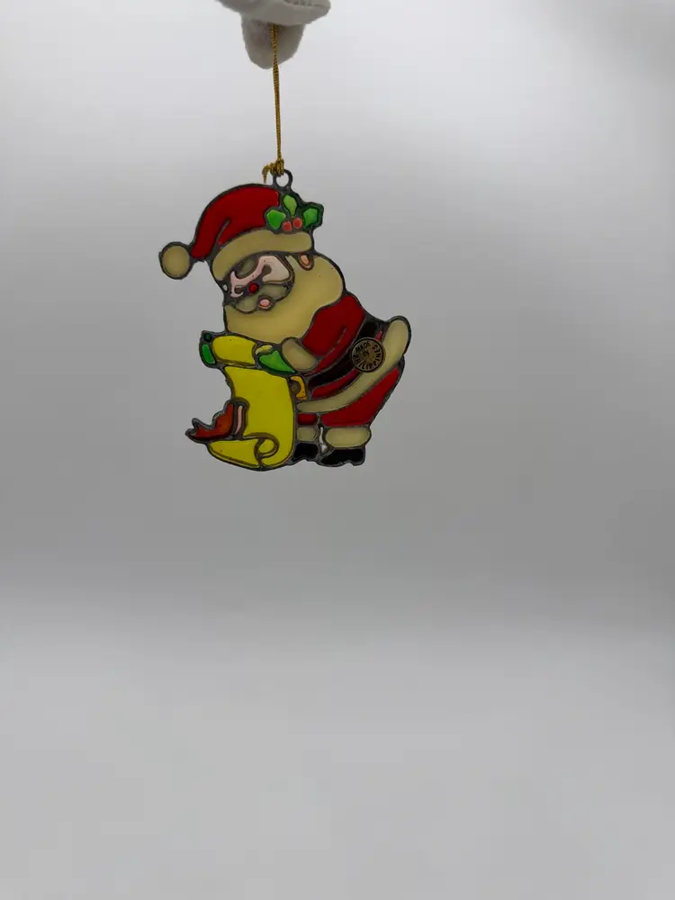 Santa Claus Checklist Suncatcher/Ornament Stained Enamel Vintage 1980’s