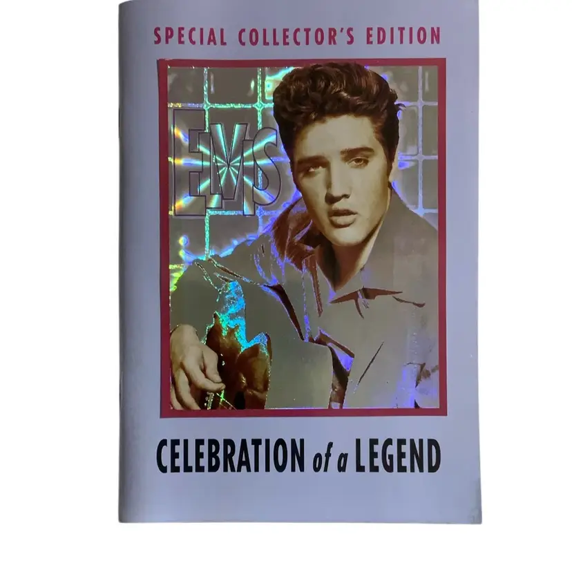 5” By 7” Pastel Blue Cover Special Collector's Edition" booklet titled "Celebration of a Legend" featuring Elvis Presley. Hologram Photo It is a commemorative publication, filled with photos and articles about his life and career. Elvis Presley