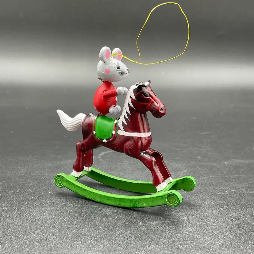 Vintage Mouse on Rocking Horse Plastic Hanging Christmas Holiday Ornament