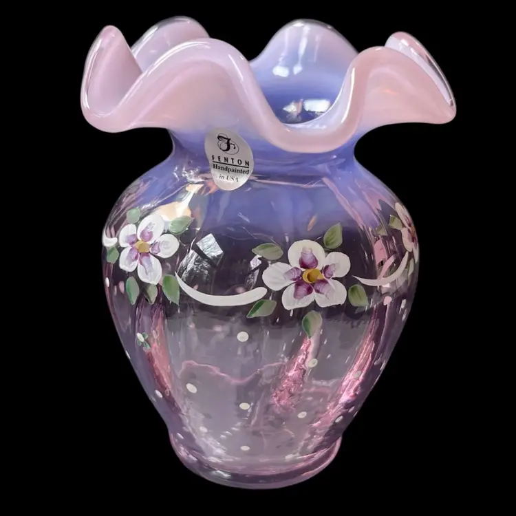 Fenton Dotted Swiss Collection Ruffle Rim Vase With Bill Fenton Signature, 2001 Fenton Pink Chiffon Opalescent Glass Vase Hand Painted Signed By T. Christopher Exclusive For Cracker Barrel Old Country Store, Fenton Dotted Swiss Pink Chiffon Opalescent Glass Vase