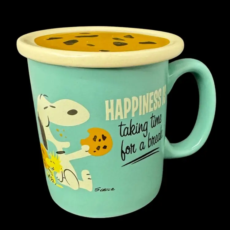 Happiness Is Taking Time For A Break Mug Cup Coffee Tea Snoopy Woodstock Cookie Lid
