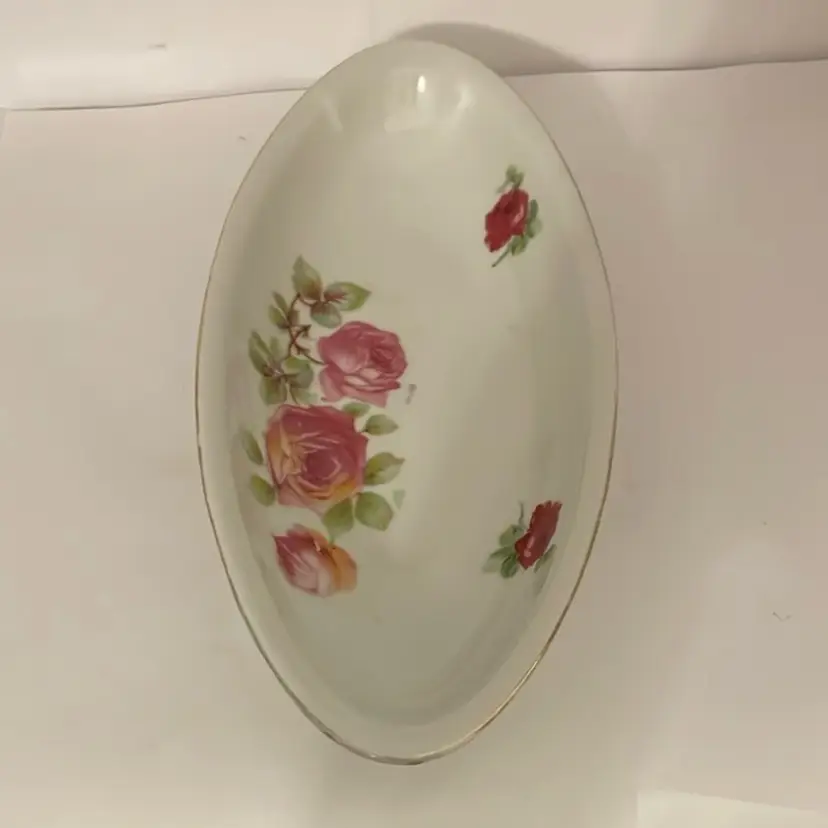 #474 VTG Oval Hand Painted Pink Roses Dish Made In Germany