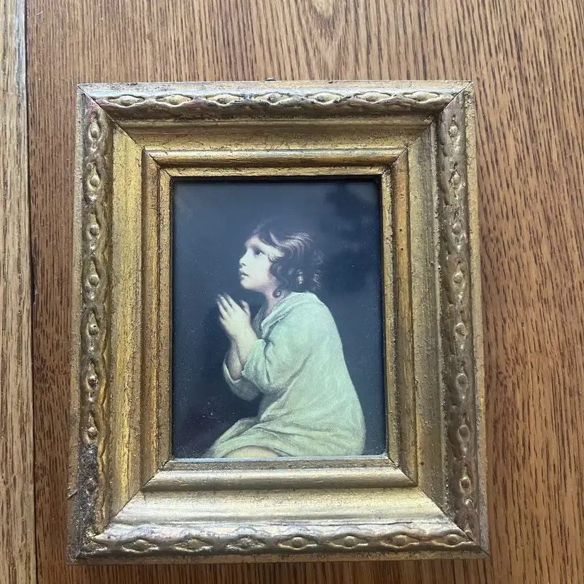 Vintage Italian framed print of the Infant Samuel in prayer.5x6” Wooden Frame sticker made in Italy on back