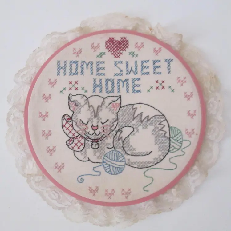 Vintage Finished Cat Cross Stitch Home Sweet Home Completed In Hoop Has Flaws