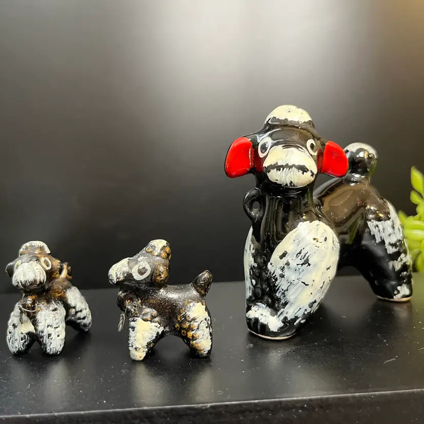 Vintage Clay MaMa Poodle w/ Her Two Littles...Cold Painted