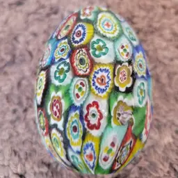 Vintage Murano Art Glass Millefiori Caned Egg Matte Paperweight 3"T X 2"W