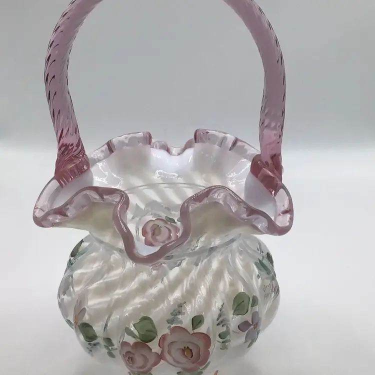 Fenton  French Opalescent Spiral Optic Rose Crest Handpainted Glass Basket With Pink Handle Signed Bill Fenton
