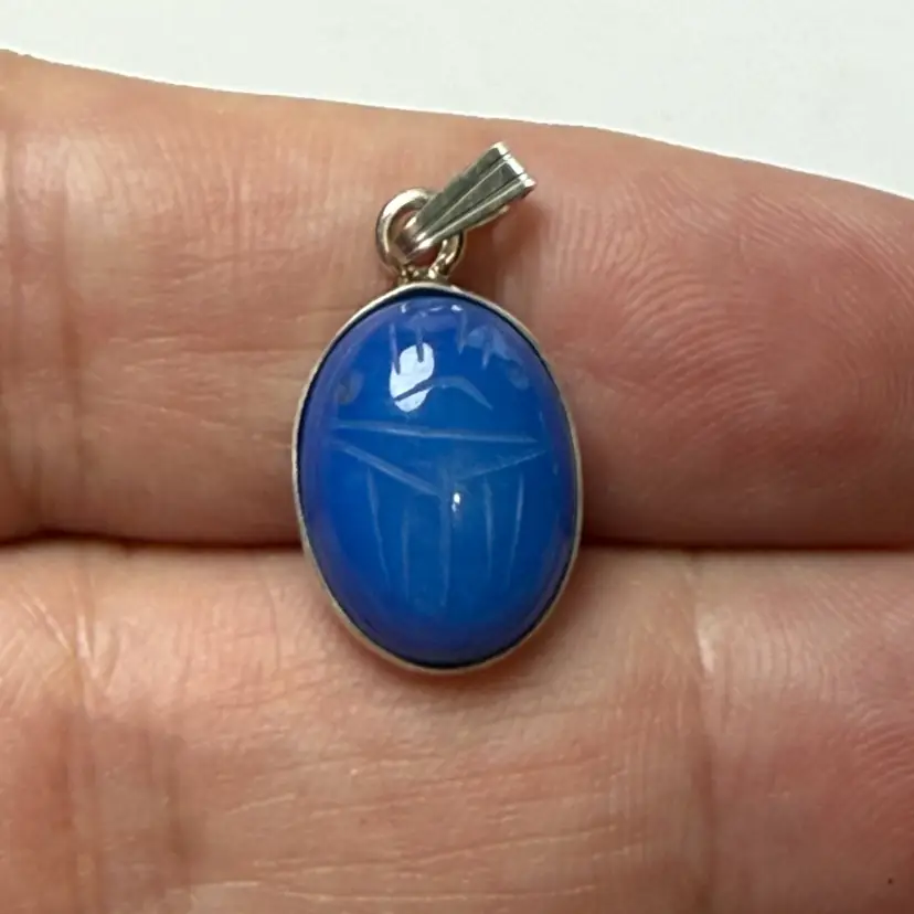 Sterling Silver 925 Carved Scarab Beetle Pendant Blue Chalcedony Gemstone