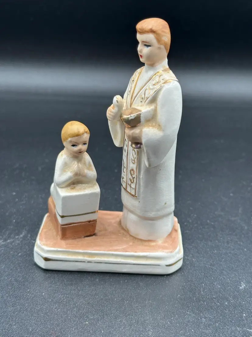 J.L.Co First Holy Communion Figurine Boy & Priest Catholic Japan Porcelain