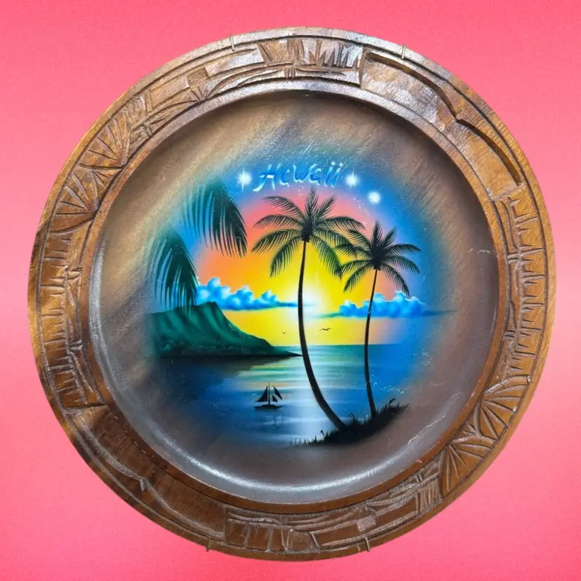 11.5” Vintage Wooden Hand Carved Painted Plate Hawaii Souvenir Sunset Tiki
