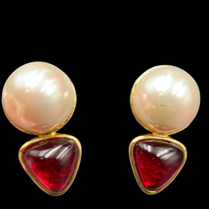 Vintage Faux Pearl And Sparkling Red Glass Clip On Earrings 1”x1.75” Long