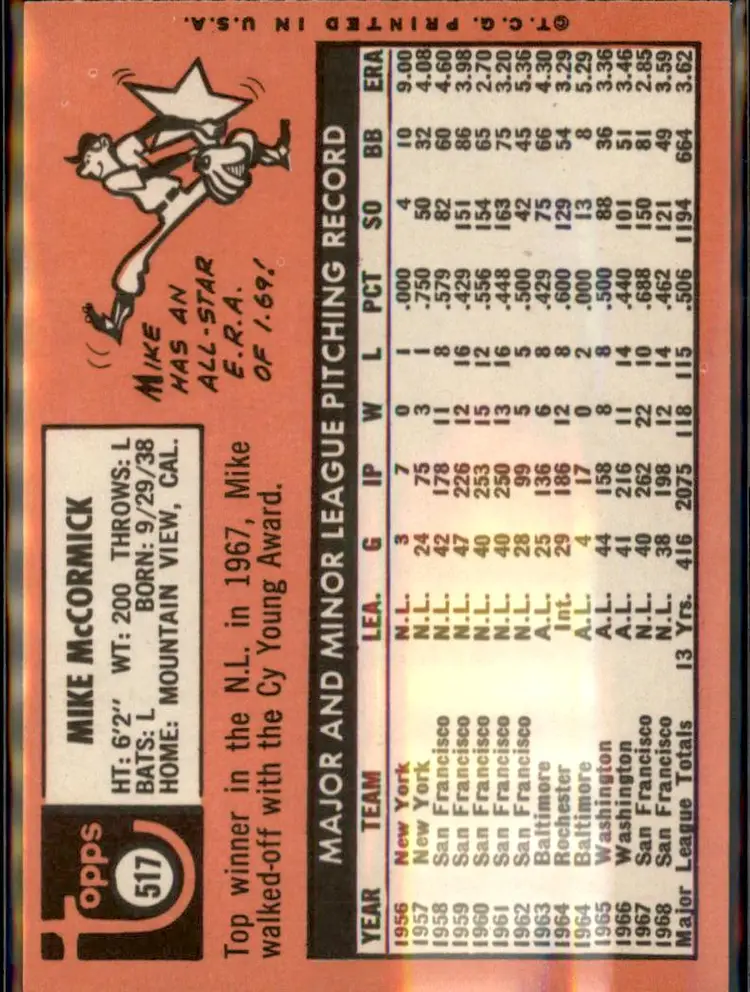 1969 Topps #517 Mike McCormick - (pk3) - San Francisco Giants