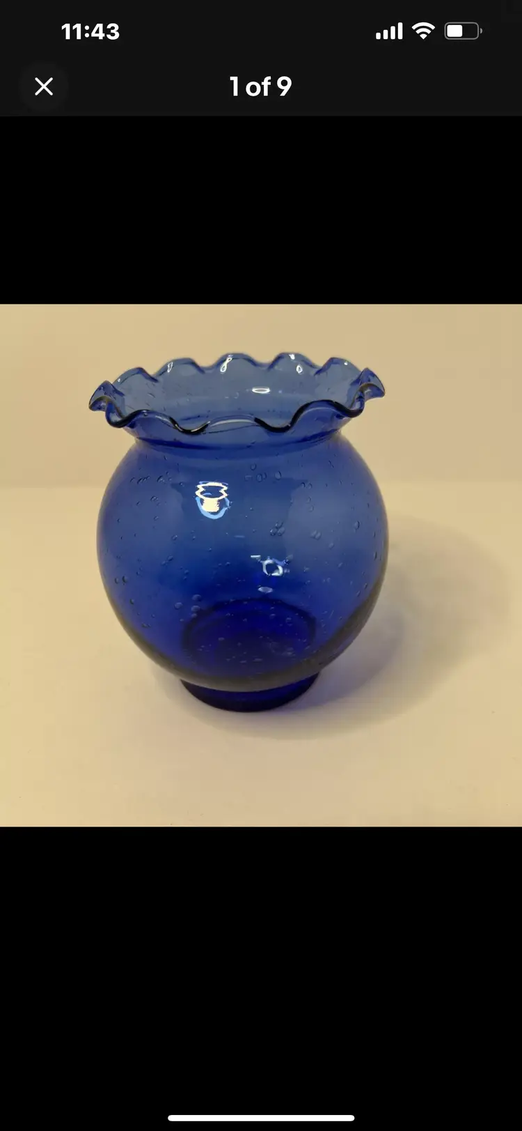 Indiana Glass Cobalt BIue Ruffled Rim “Bubble Glass” Ivy Bowl Vase