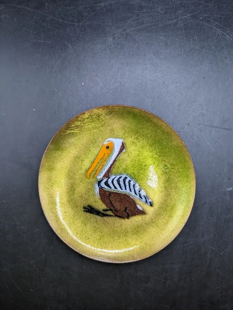 Vintage Annemarie Davidson Hand Crafted Enamel on Copper Bowl with Pelican As Is