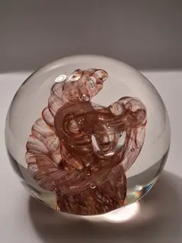 Beautiful Vintage Connie Christopher Controlled Bubble Copper Aventurine Knotted Paperweight, Signed & Dated