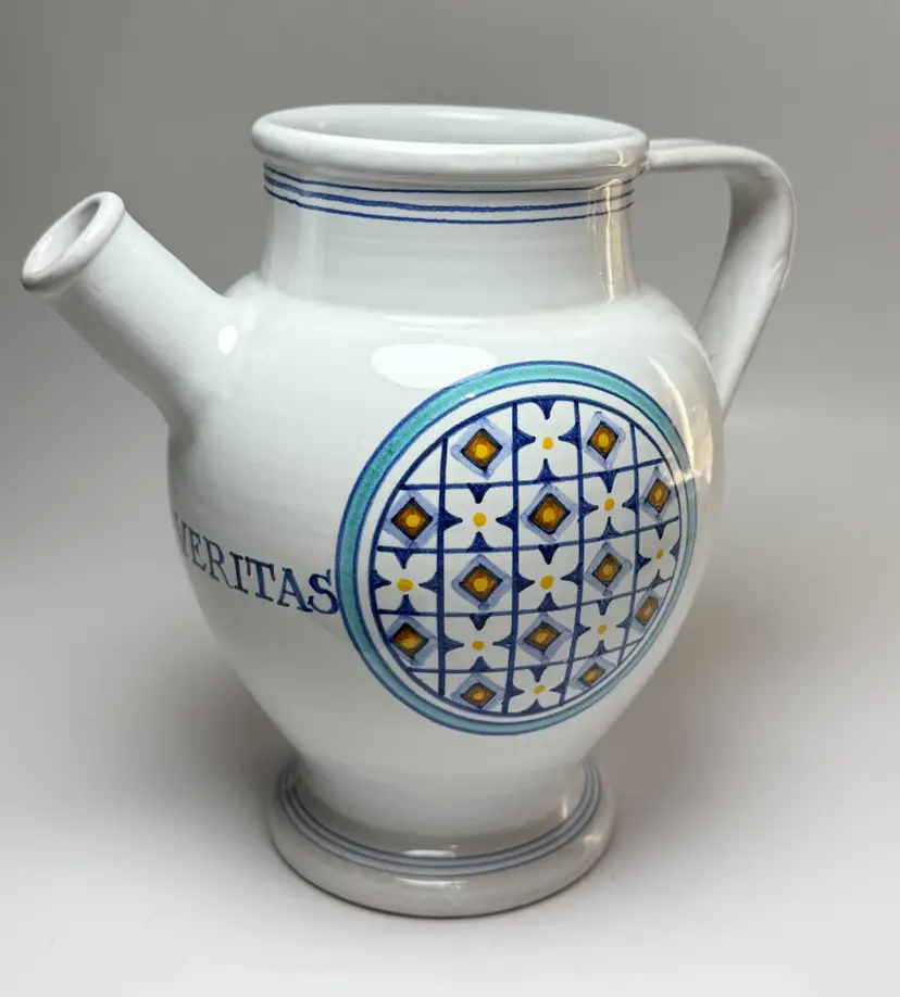 Williams-Sonoma Italian Pottery Wine Jug Pitcher In Vino Veritas Blue on White
