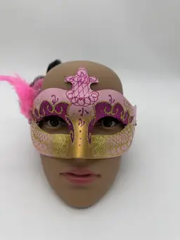 Pink Gold Glitter Venetian Feather Mask Masquerade Mardi Gras Hand Painted Women