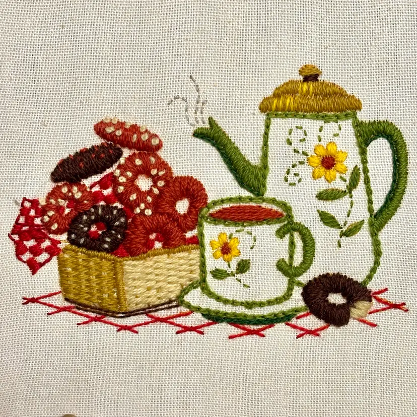 Vintage Crewel Embroidery Pot Of Tea with Bagel 3D Picture