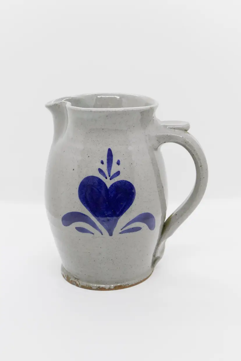 Vintage 1983 Handmade Pitcher Stoneware Pottery Heart Vase Country Folk Art Signed