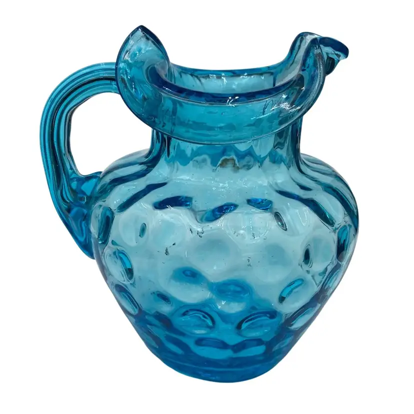 Vintage 1940s Beacon Glass (NJ) Glass Pitcher, Aqua Blue Coin Dot, Ruffled Rim