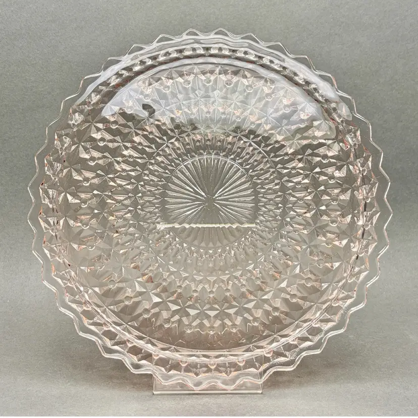 Vintage Pink Jeannette Glass “Holiday Buttons and Bows” Depression Glass Cake Plate