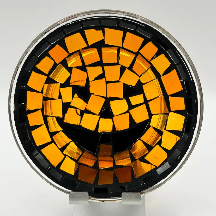 Halloween Jack O Lantern, Pumpkin Mosaic Glass Pillar Candle Holder Trinket Dish, Vibrant Orange and Black, Circular Design, Unbranded