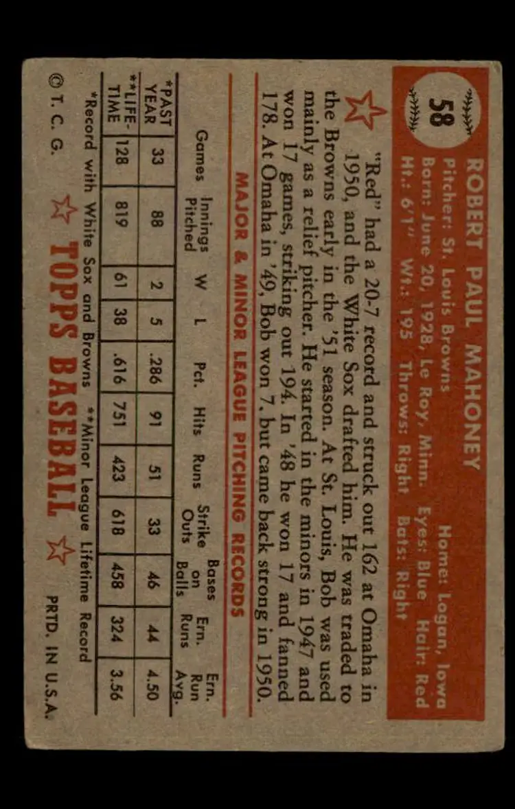 1952 Topps #58 Bob Mahoney - (pk-tl1) - St. Louis Browns