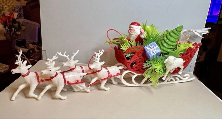 VTG Kitschy Blow Mold Santa, Flocked Sleigh & Four Reindeer 16”