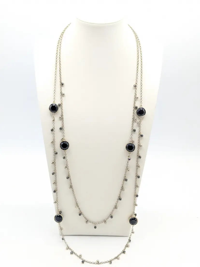 Silver Tone Black Faceted Accents Double Strand Necklace