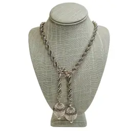 Silver Tone Thick Twisted Rope Chain Capped Ornamental Balls Lariat Necklace