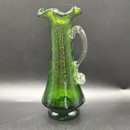 Hand Blown Green Crackle Glass Ruffled Edge Pitcher/Creamer
