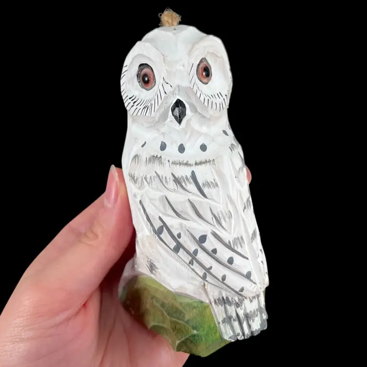 Carved Wood Snowy Owl Ornament, Handpainted Owl Ornament Figurine