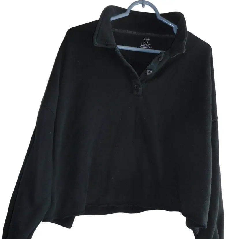 Aerie cropped Sweatshirt relaxed fit Black Sz L elastic cuffs v neck collared