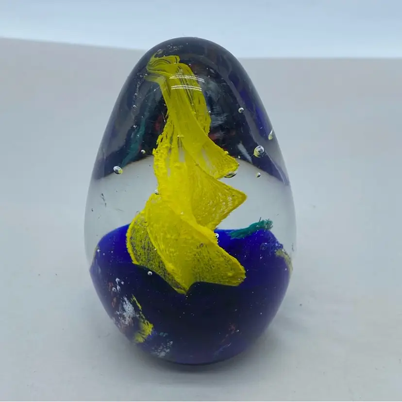 #0004 - Yellow Swirl Blue Base Egg Shaped Art Glass Paperweight