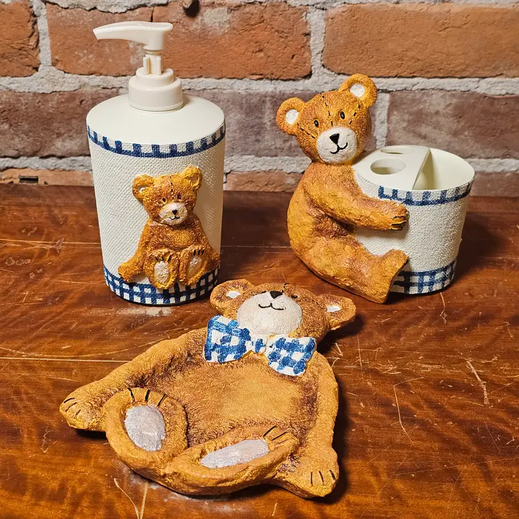 Vintage Teddy Bear Bathroom Decor Set Soap Pump Toothbrush Holder Nursery Bath