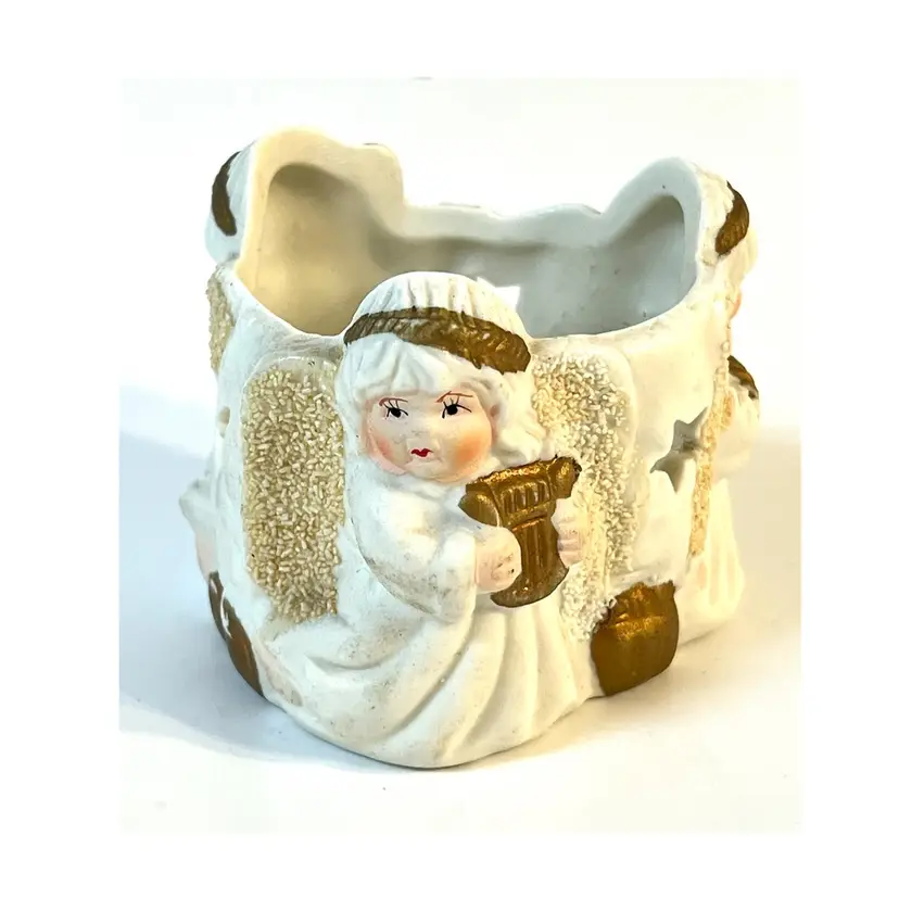 Tealight Votive Candle Holder Three Angels with Musical Instruments Cream & Gold Colored 2.2 in Height