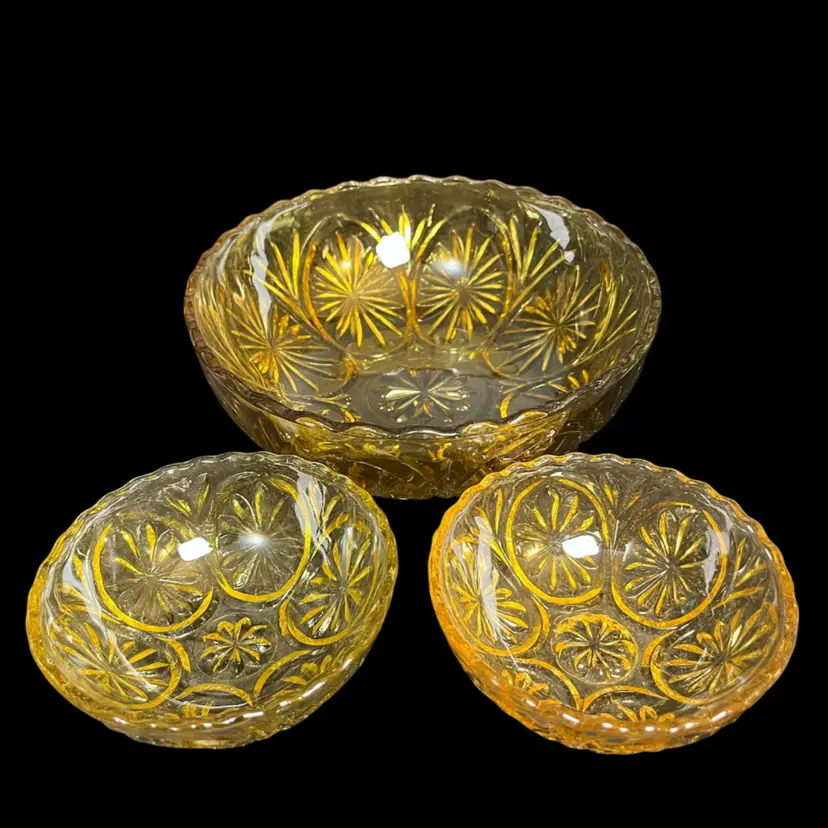 Anchor Hocking Medallion Honey Gold Chip & Dip Bowls-1960s - 1970s-Mid Century Pressed Glass.