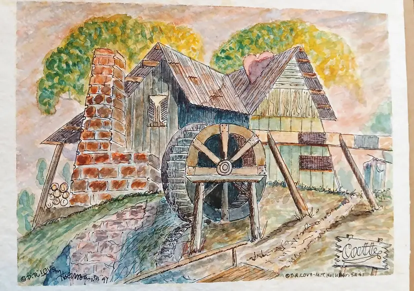 Vintage Watermill Watercolor Painting Laid Paper signed Artist Michael T. Hol- U- Bar Sr.