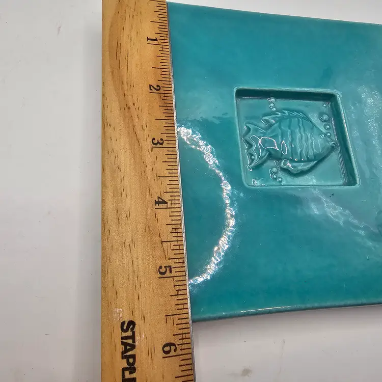 Vintage tile Trivet 5.5" treasure craft teal with 3d fish nautical beach ocean